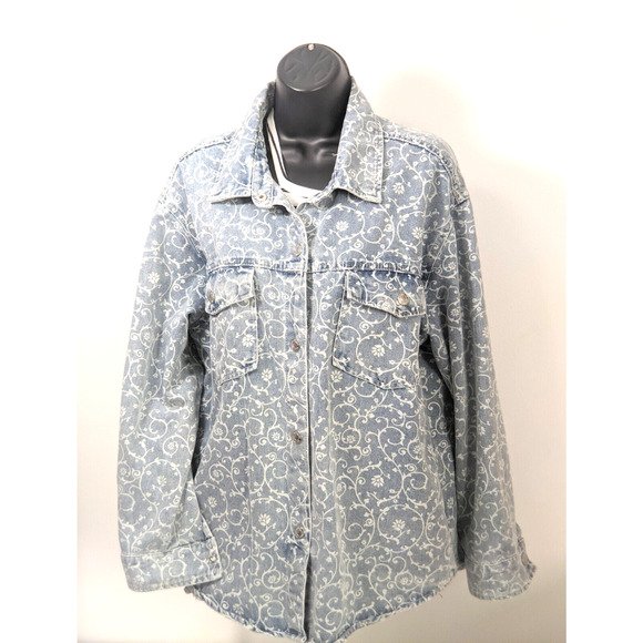 Womens Vintage Blue Denim Jean Floral Jacket STOOSH 90s Y2K Button Down Size L - Picture 2 of 13